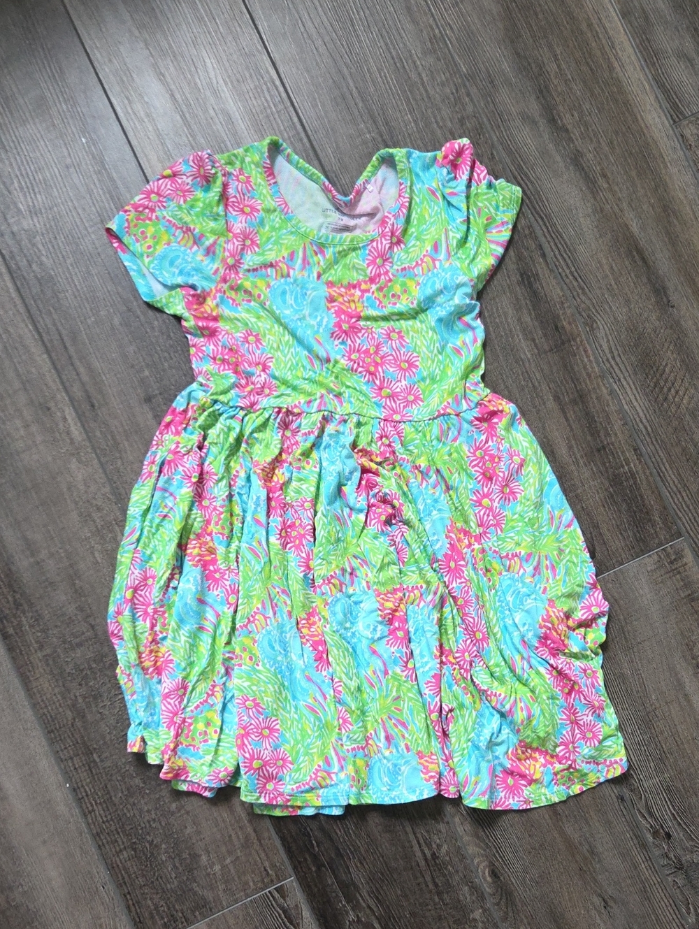 Girls Floral Short-Sleeve Cotton Dress in Pink, Blue & Green